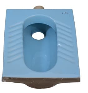 A top-down view of a light blue ceramic asian step toilet with a central drain hole and ridged footrests on either side.
