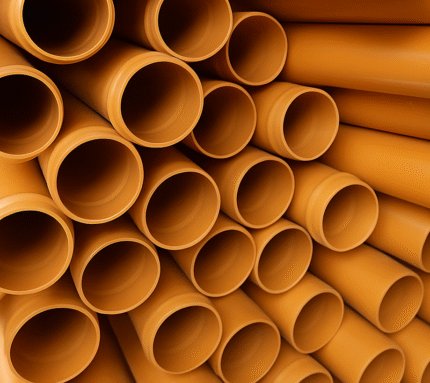 A stack of brown waste pipes arranged horizontally.