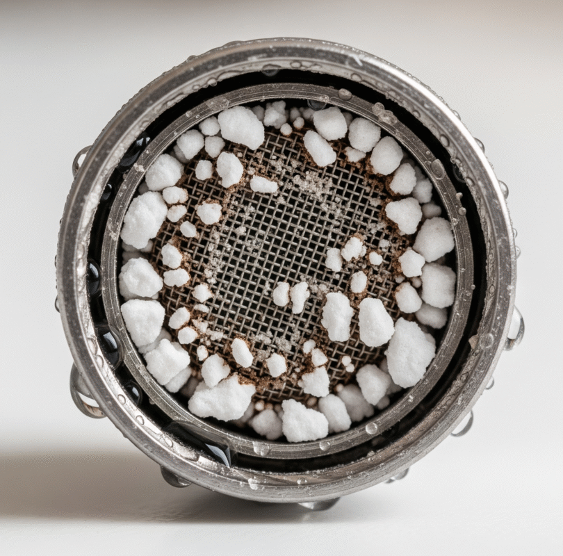 A close-up photograph of a metal faucet aerator that is heavily clogged with white mineral deposits and reddish-brown rust. The aerator is resting on a clean white surface.