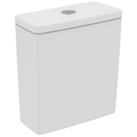 A white, ceramic close-coupled cistern for a toilet, a rectangular tank with a lid and a flush button on top.