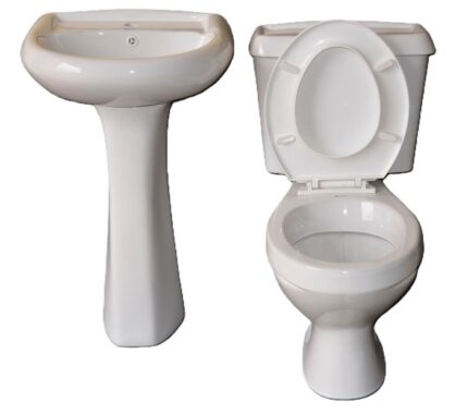A white close-coupled toilet with an open lid, paired with a matching white pedestal washbasin, displayed as a complete bathroom set.