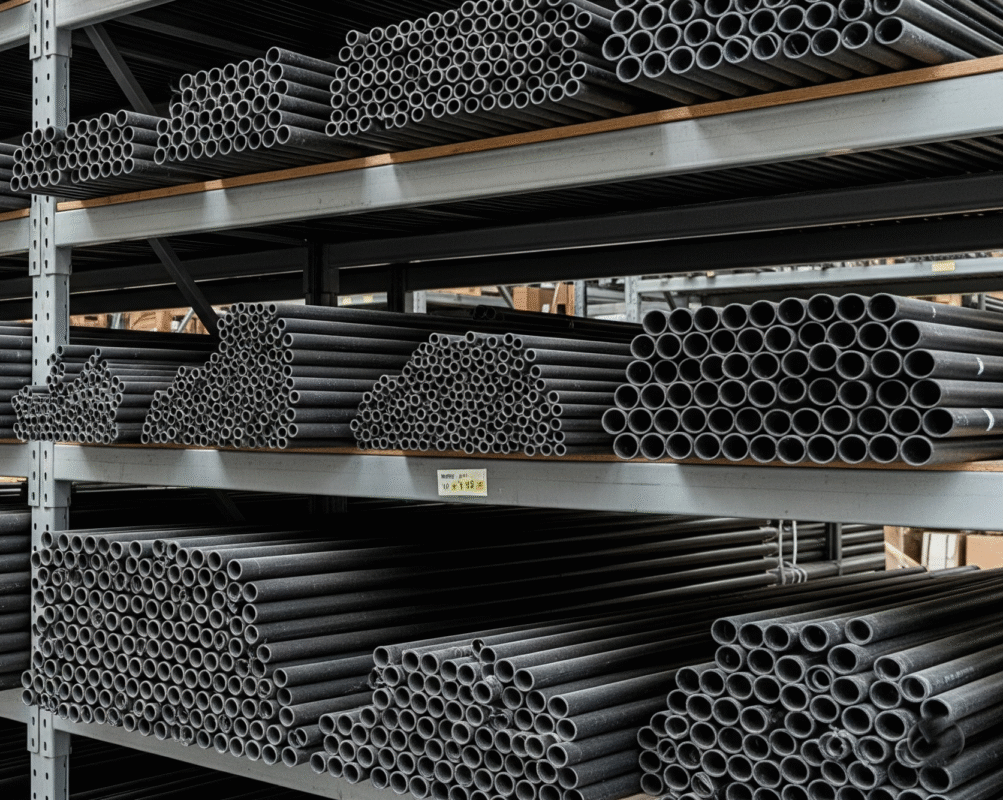 A collection of black electrical conduit pipes, neatly stacked on a warehouse shelf.