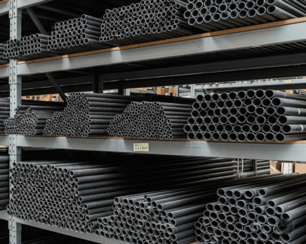 A collection of black electrical conduit pipes, neatly stacked on a warehouse shelf.