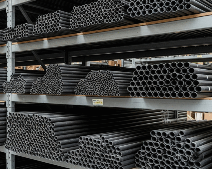 A collection of black electrical conduit pipes, neatly stacked on a warehouse shelf.