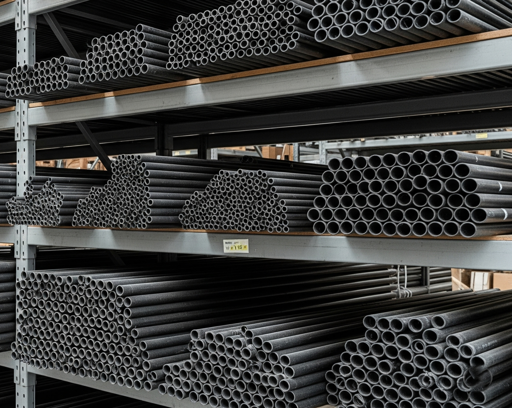 A collection of black electrical conduit pipes, neatly stacked on a warehouse shelf.
