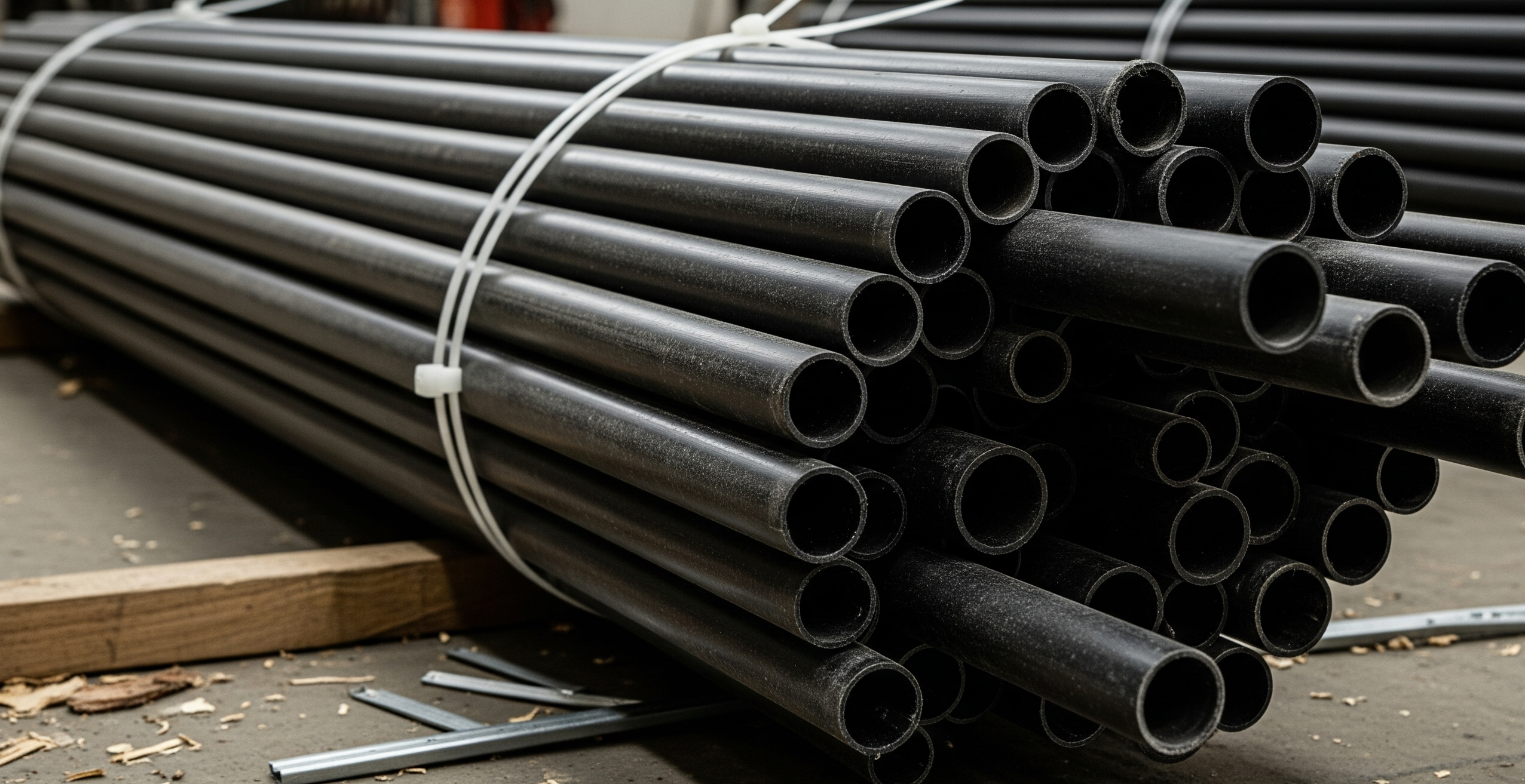 A tightly bound bundle of black electrical conduit pipes, secured with white zip ties, resting on a concrete floor.