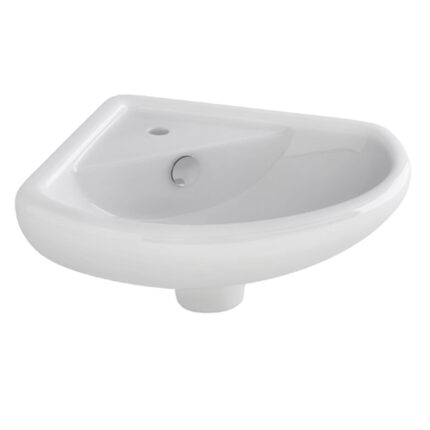 A white ceramic corner basin, designed to fit into the corner of a bathroom, with a single tap hole and an overflow.