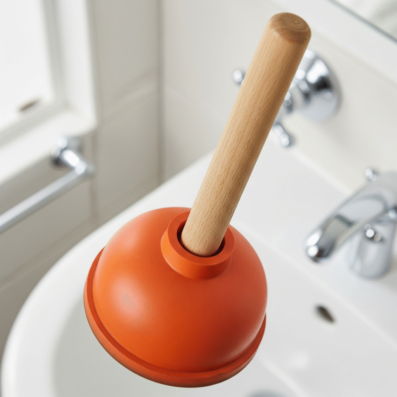 A round, red rubber cup plunger with a wooden handle, designed for use on flat drains like sinks and tubs.
