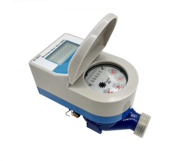 A digital water meter with a white and gray body and a blue base, used to measure water consumption with a digital display and a rotating dial underneath a raised lid.