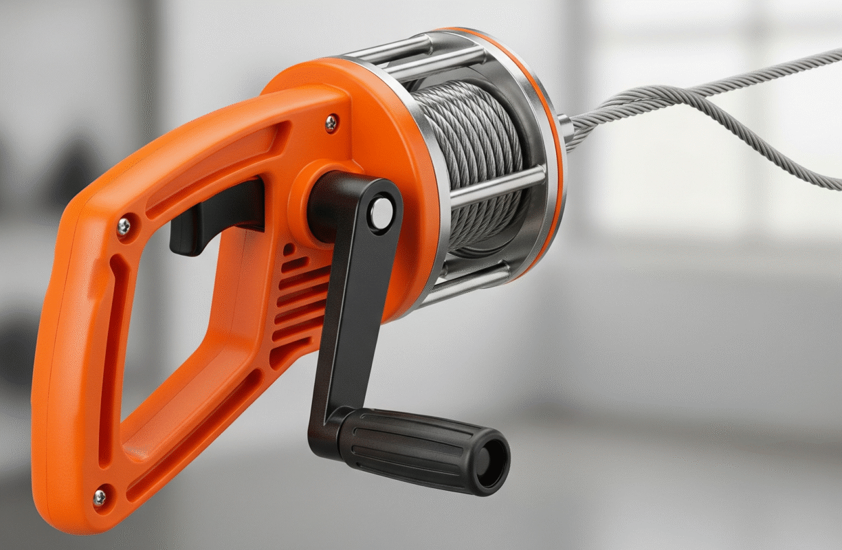 A handheld drain snake with its metal cable extended and the crank handle clearly visible.