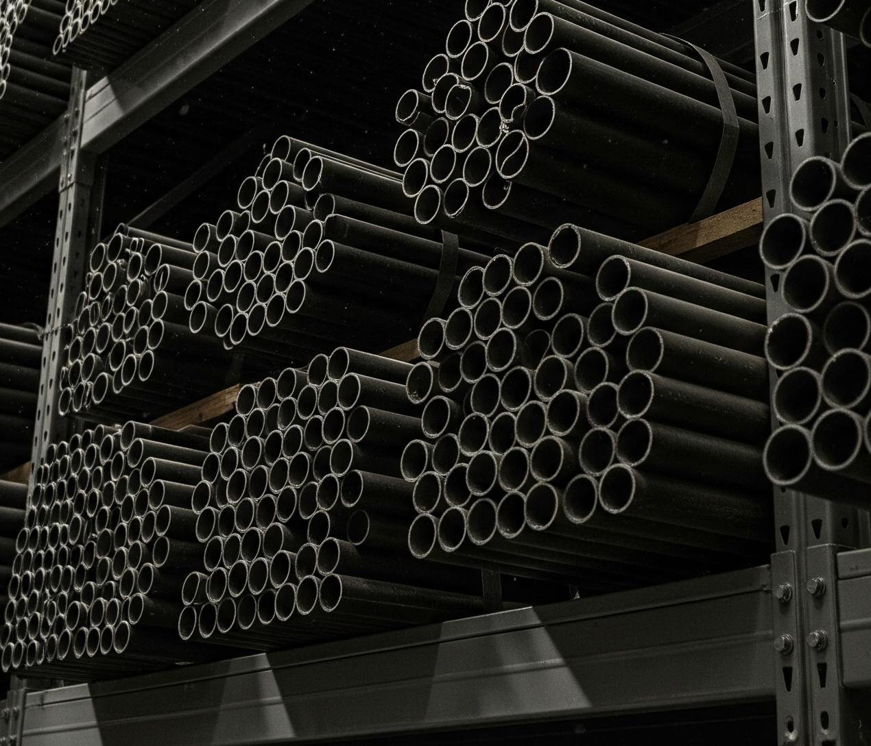 A collection of black electrical conduit pipes, neatly stacked on a warehouse shelf.