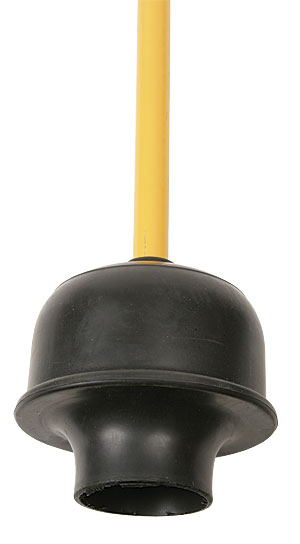 A black rubber flange plunger with a wooden handle, showing the extended rubber lip designed to create a tight seal in a toilet bowl.