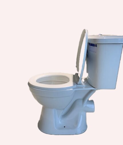 A white P-trap toilet bowl, with the trap shaped like a "P" to connect to a waste pipe in the wall.