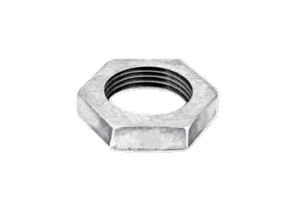 A GI back nut, a hexagonal nut used on threaded pipes and fittings to secure them in place against a surface.