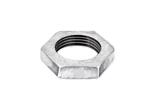 A GI back nut, a hexagonal nut used on threaded pipes and fittings to secure them in place against a surface.