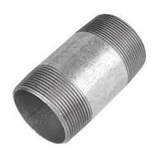 A GI barrel nipple, a plumbing fitting with male threads on both ends used to connect two female-threaded fittings.