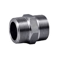 A GI hex nipple, a plumbing fitting with a hexagonal section used to connect two female-threaded fittings.