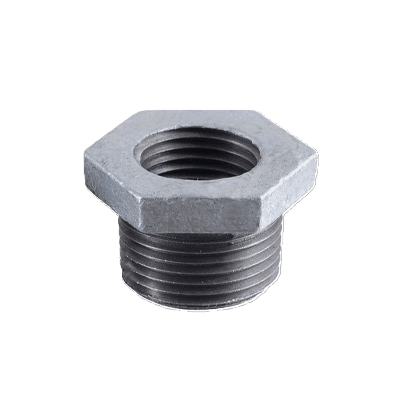 A GI reducing bush, a plumbing fitting used to connect a large pipe to a smaller pipe.