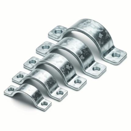 GI saddle clips are fasteners used to secure and support pipes to a surface, preventing them from moving.