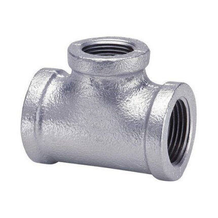 A galvanized iron (GI) tee, a plumbing fitting used to create a branch line from a main pipe, allowing water to flow in three directions.