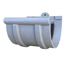 A single gray plastic gutter connector on a white background. The connector is U-shaped and has a rounded lip on top to connect to a semi-circular gutter.