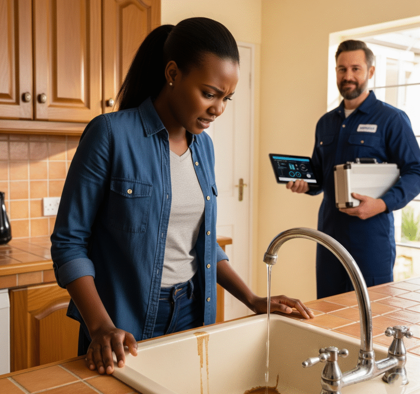 A photograph of a frustrated Kenyan woman in her kitchen, looking at a dripping faucet with low water pressure, while a calm plumber stands behind her with a toolbox and tablet.