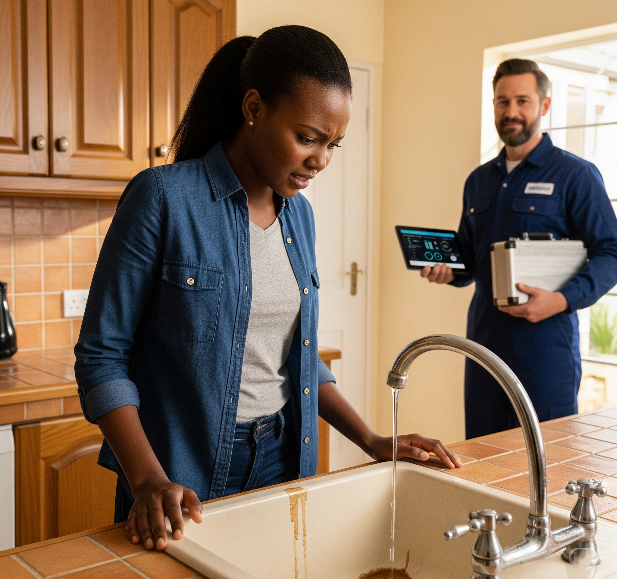 A photograph of a frustrated Kenyan woman in her kitchen, looking at a dripping faucet with low water pressure, while a calm plumber stands behind her with a toolbox and tablet.