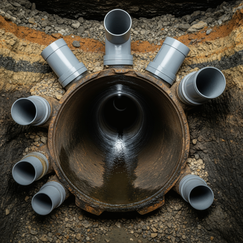A cutaway view of a main sewer line pipe with several smaller pipes connected to it, showing how all of a home's drains converge into a single line.
