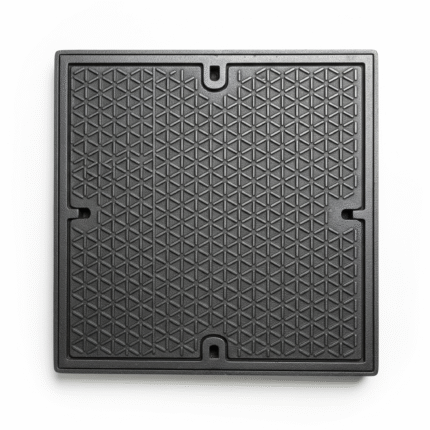 A plain grey square manhole cover with a raised geometric texture, on a white background.