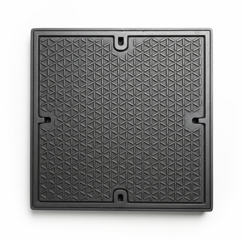 A plain grey square manhole cover with a raised geometric texture, on a white background.