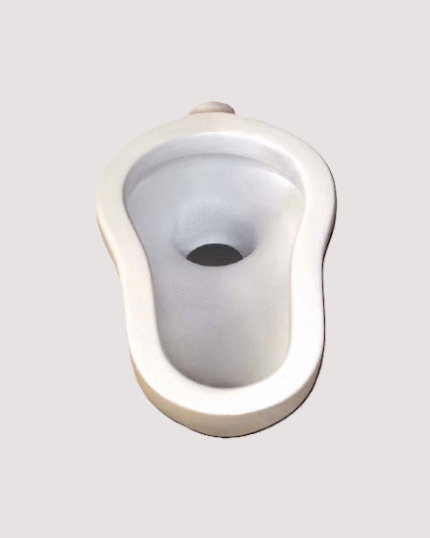 A front view of a white, floor-mounted toilet bowl