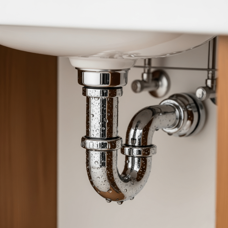 A chrome P-trap pipe under a sink, designed to hold water to block sewer gases from entering a home.