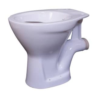 A photo of a white P-trap toilet bowl with a curved pipe that connects to a waste outlet in the wall.