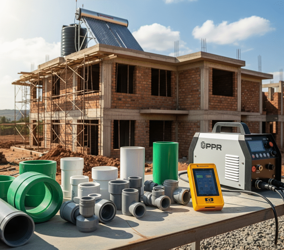 A construction site table with PPR pipes, a welding machine, and a smart leak detector, with a building and solar water heater in the background.