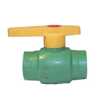 A green PPR ball cork with a yellow handle, used as a shut-off valve to control the flow of water in a plumbing system.