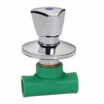A close-up of a PPR concealed stop cork with a chrome handle and a blue cap on top. The stop cork is used to control water flow in a plumbing system.