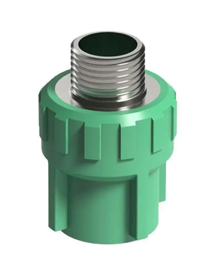 A PPR Male socket fitting; used to connect two PPR pipes of the same diameter.