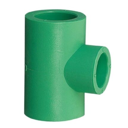 A PPR Reducing Tee; a fitting used to connect a main PPR pipe to a smaller branch pipe, allowing for a smooth reduction in pipe size.