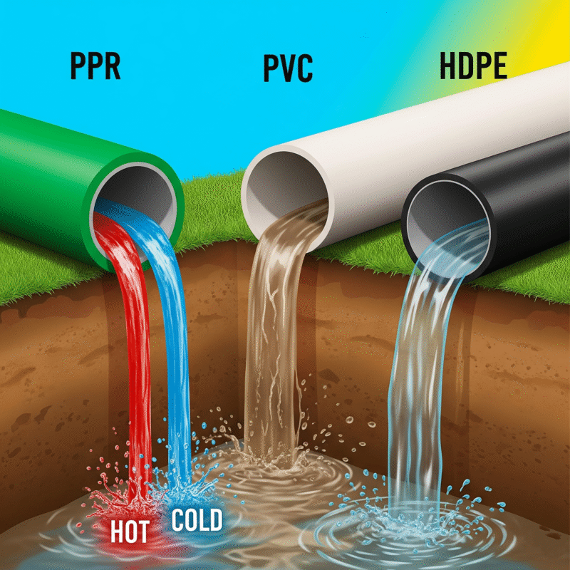 A three-panel illustration showing a PPR pipe with hot and cold water, a PVC pipe with dirty water for drainage, and an HDPE pipe with clear water in an underground trench.