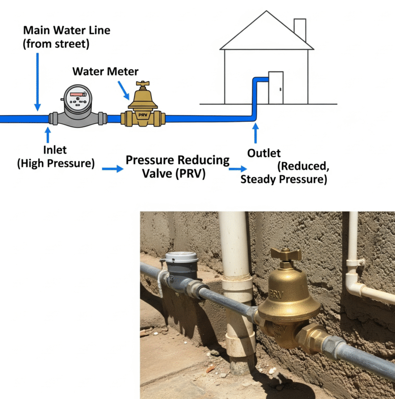 A PRV diagram showing the valve's location and function, with a photo of a real PRV and water meter.