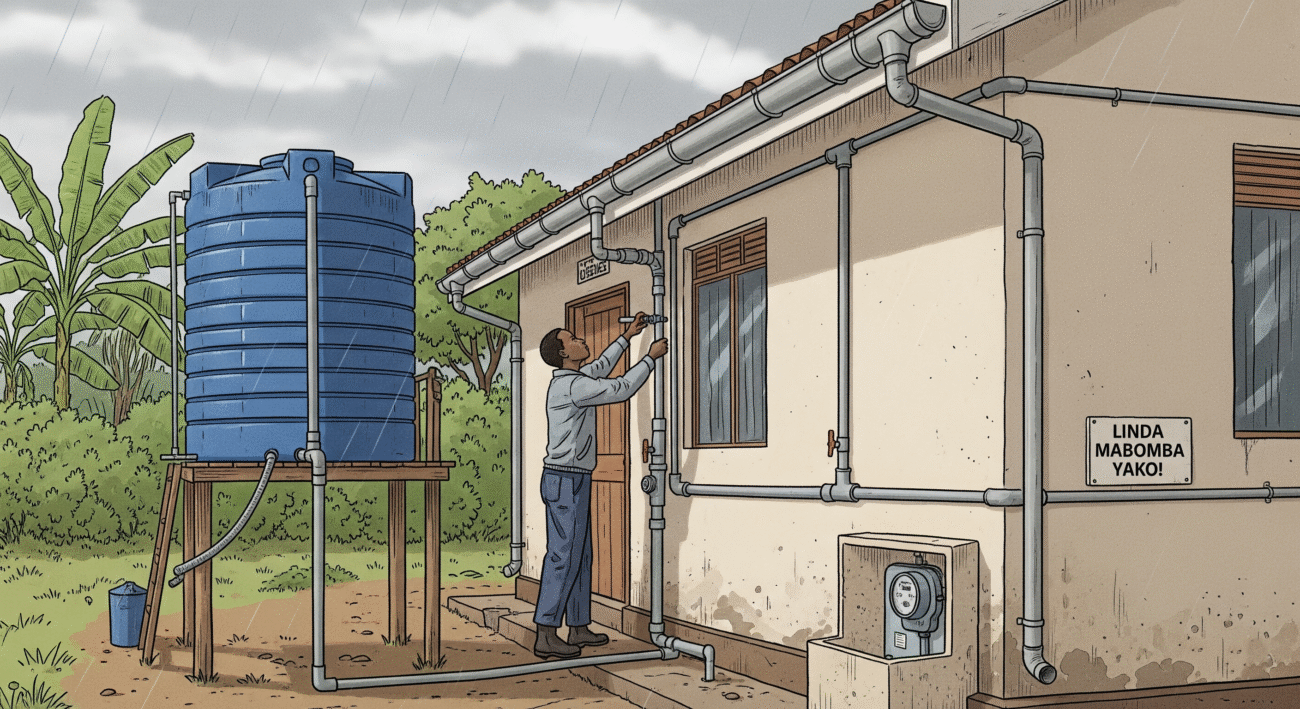 An illustration showing a person in work clothes inspecting plumbing pipes and a water tank on the side of a house in Kenya, with a sign that reads "LINDA MABOMBA YAKO!" (Protect Your Pipes!).