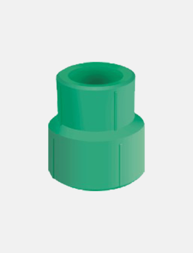A PPR Reducing Socket; a fitting used to connect two PPR pipes of different diameters, allowing for a smooth transition in the plumbing system.