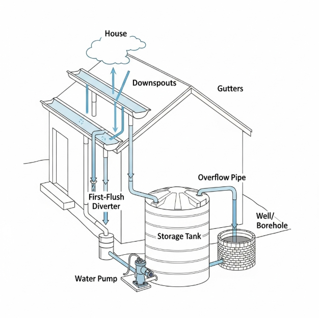 A diagram of a rainwater harvesting system, showing water collected from a house roof, channeled through gutters and downspouts to a storage tank, with a first-flush diverter, overflow pipe, and water pump.