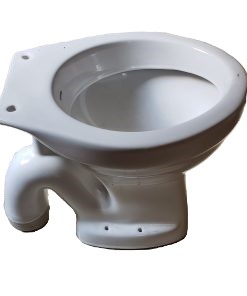A front, angled view of a white ceramic toilet bowl with an S-trap, a hole for the cistern flush, and two bolt holes for floor mounting.