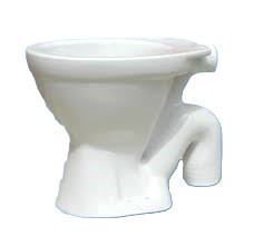 A side, angled view of a white ceramic toilet bowl with an S-trap and a hole for a cistern on the back.