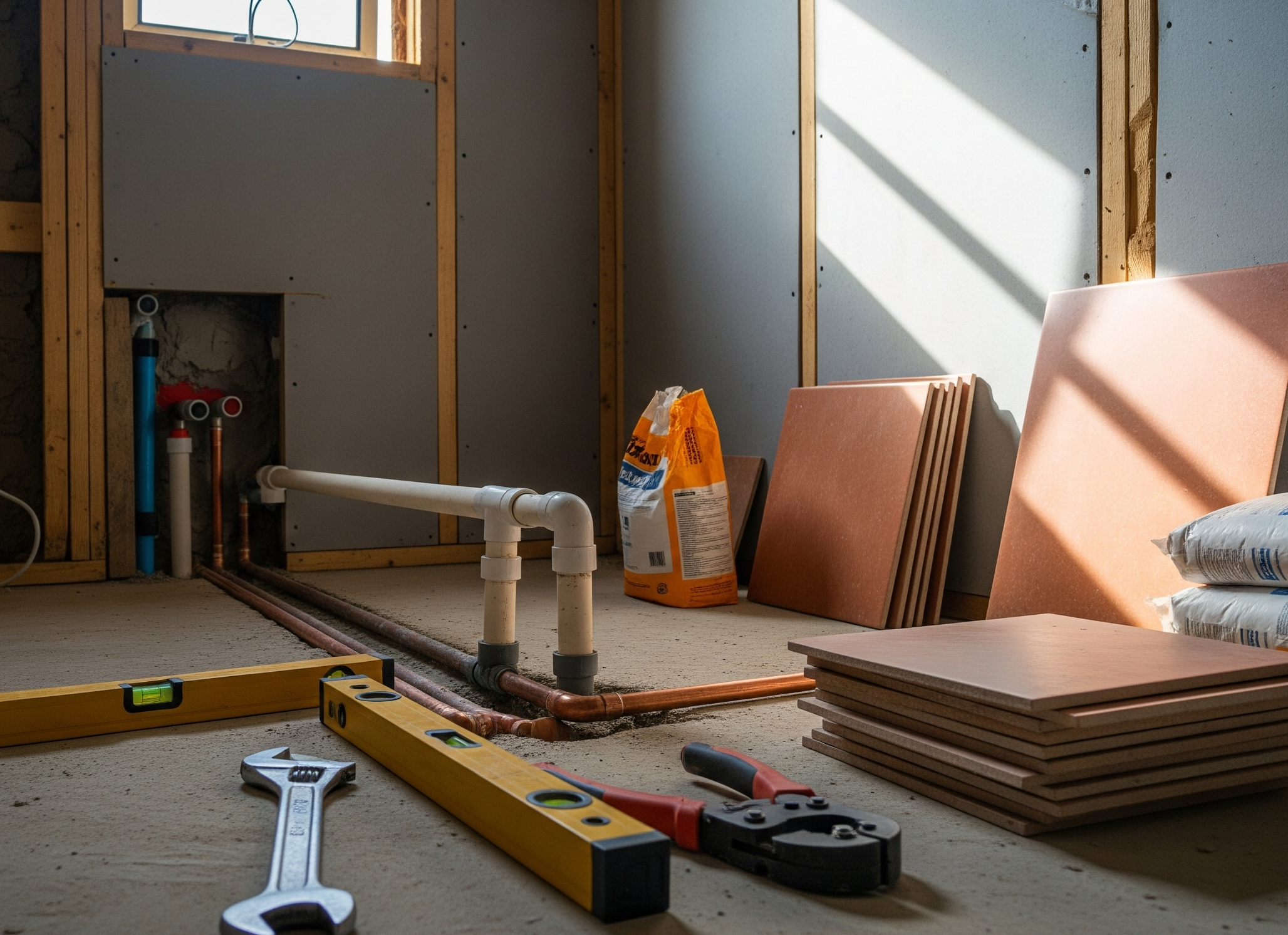 An unfinished bathroom with plumbing pipes for a shower, tools, and materials on the concrete floor.