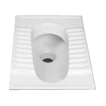 A top-down view of a white step asian toilet toilet, with ridged footrests on either side of the central pan.
