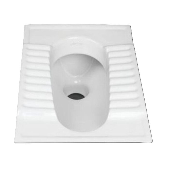 A top-down view of a white step asian toilet toilet, with ridged footrests on either side of the central pan.