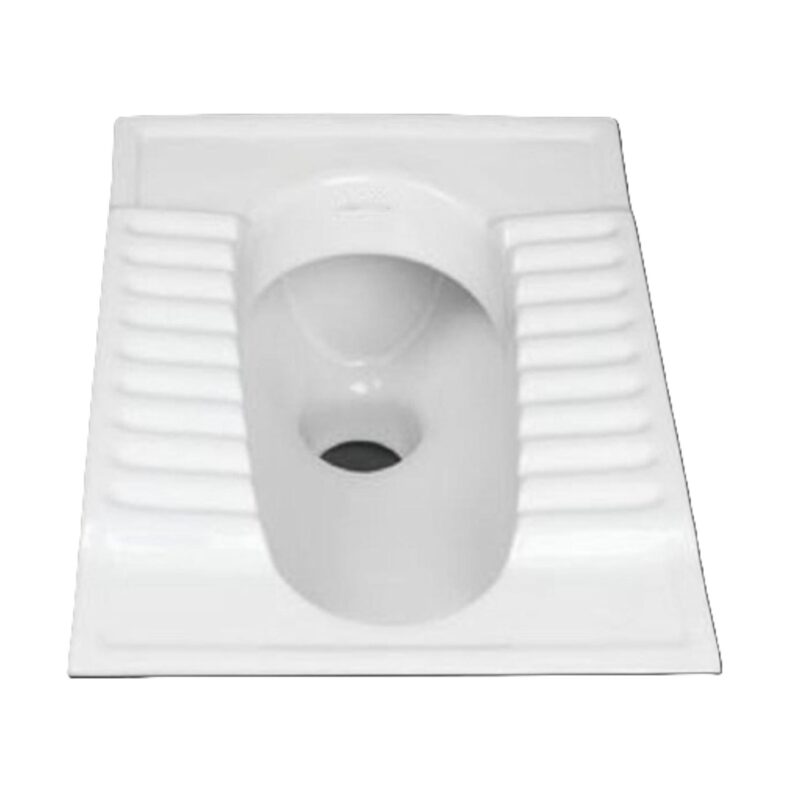 A top-down view of a white step asian toilet toilet, with ridged footrests on either side of the central pan.