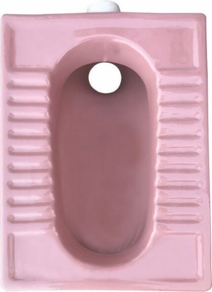 A top-down view of a pink asian step toilet with a central drain hole and ridged footrests on either side.